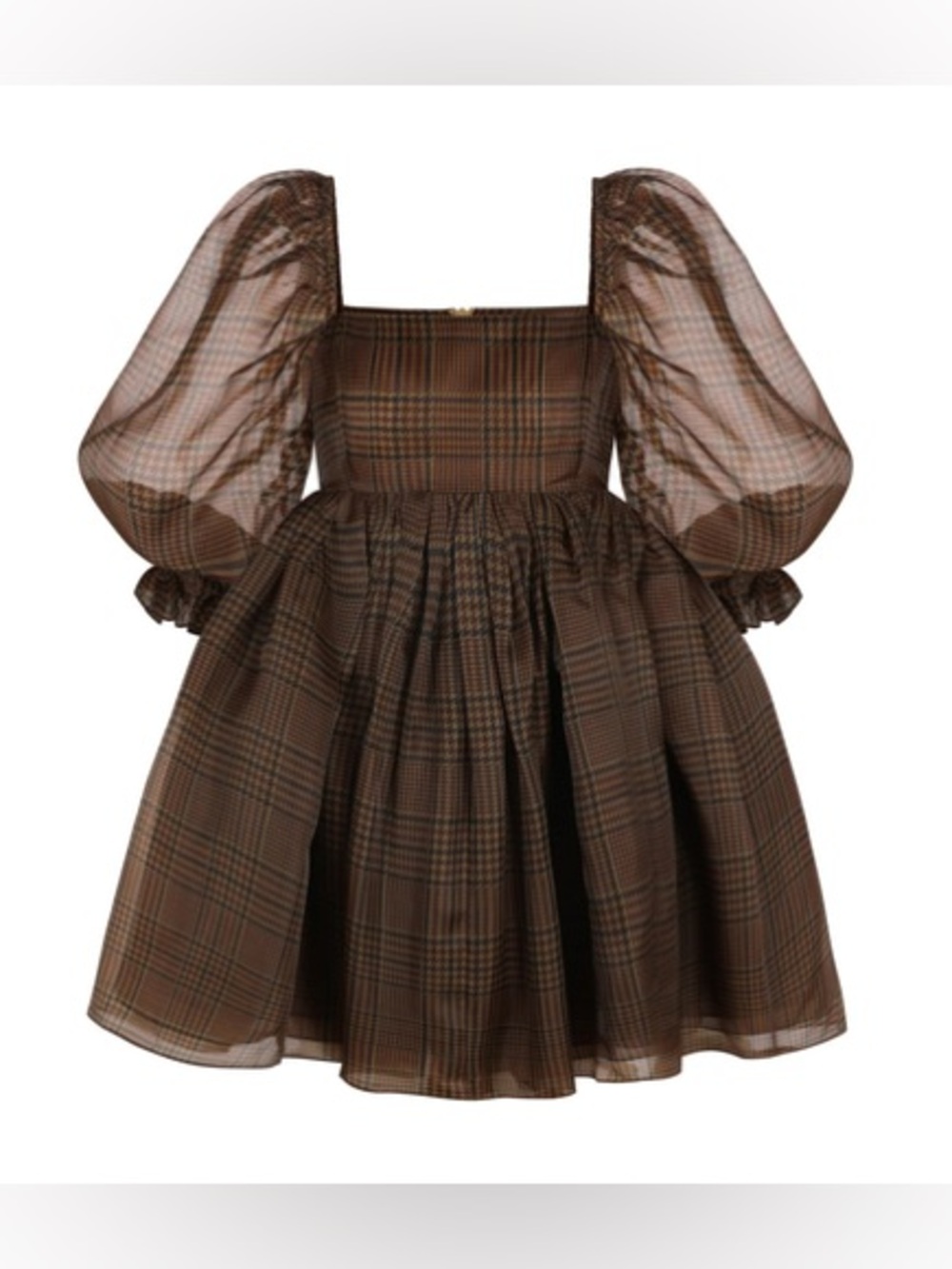 Selkie Brown Plaid Mini Dress with Puff Sleeves